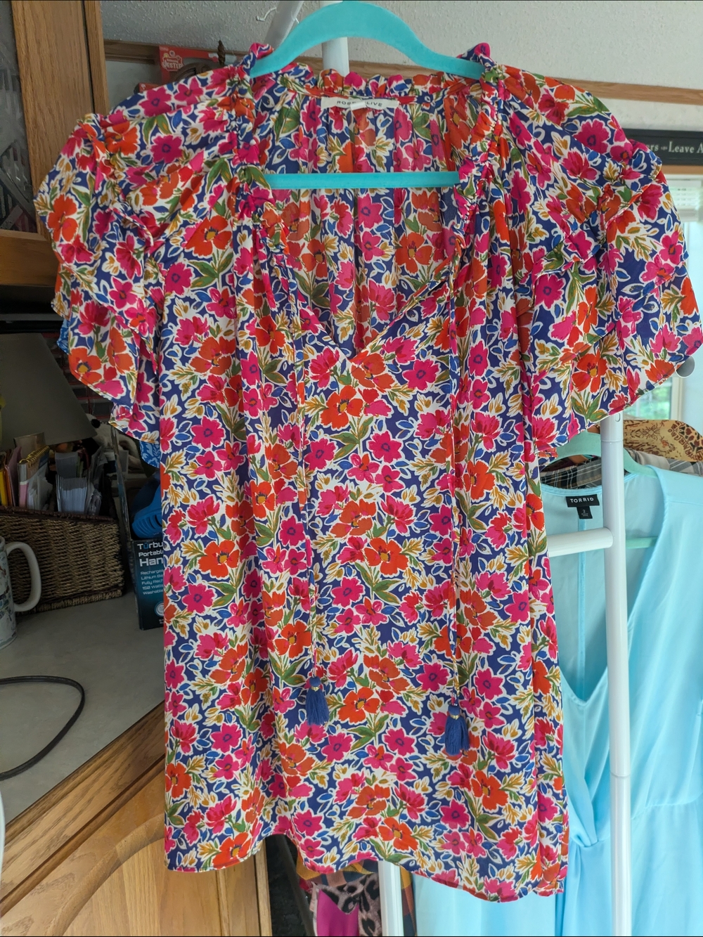 Rose & Olive Bright Floral Tassel Tie Top — Pink, Orange & Blue